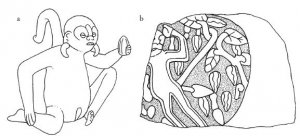 Изображения обезьян с какао в Месоамерике классического периода: а) стиль Нопилоа. Южный Веракрус (Мексика). Зарисовка Карла Таубе; b) Осколок сосуда с обезьяной на дереве. Резная посуда Талун. Южное побережье Оахаки (Мексика). Зарисовка Карла Таубе.