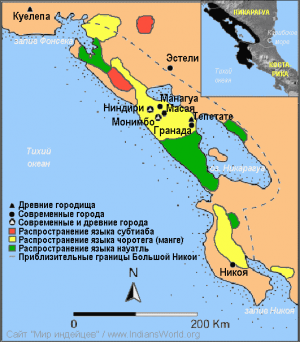 Карта территории Большой Никои (Greater Nicoya) и распространённых на ней языков (чоротега и субтиапа - вымершие)
