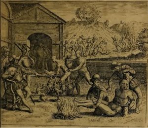 Пытка индейского вождя в Панаме. Гравюра Иоганна Теодора де Бри из книги «Narratio regionum indicarum …».