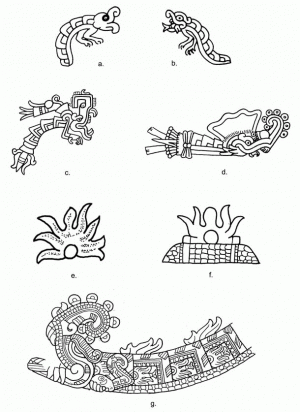 Илл. 13. Поздние постклассические и ранние колониальные образы, связанные с гусеницами, бабочками и Шиукоатлем