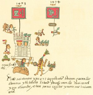 Война между Теночтитланом и Тлателолько. «Кодекс Теллериано-Ременсис», с. 36v (Bibliothèque nationale de France).