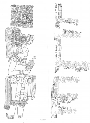 Фрагмент левой стороны стелы 31, Тикаль. Портрет Йаш-Нуун-Ахиина І. Прорисовка Линды Шиле, №2037 (Drawing by Linda Schele © David Schele)