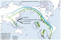 Упрощенный схематичный сценарий первой миграционной волны "палеоамериканцев" (1, зеленая линия), имеющих общих предков с папуасами, а также второй миграционной волны америндов (2, зеленая линия), имеющих общих предков с восточными азиатами. Палеоамериканцы позже были в основном вытеснены америндами, однако их следы сохранились у ряда народов.