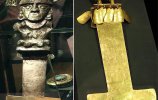 45. Туми (справа). Навершие украшено фигурой оленя, стоящей на основании, к которому прикреплены 12 трапециевидных подвесок. Слева нож туми под номером 59. Фото - Ирина Дворкина 45. Туми (церемониальный нож). Ламбайеке I. Золото. 30,1 см х 10,4 см. Поздний промежуточный период (900-1450 н.э.). Фото - Ирина Дворкина